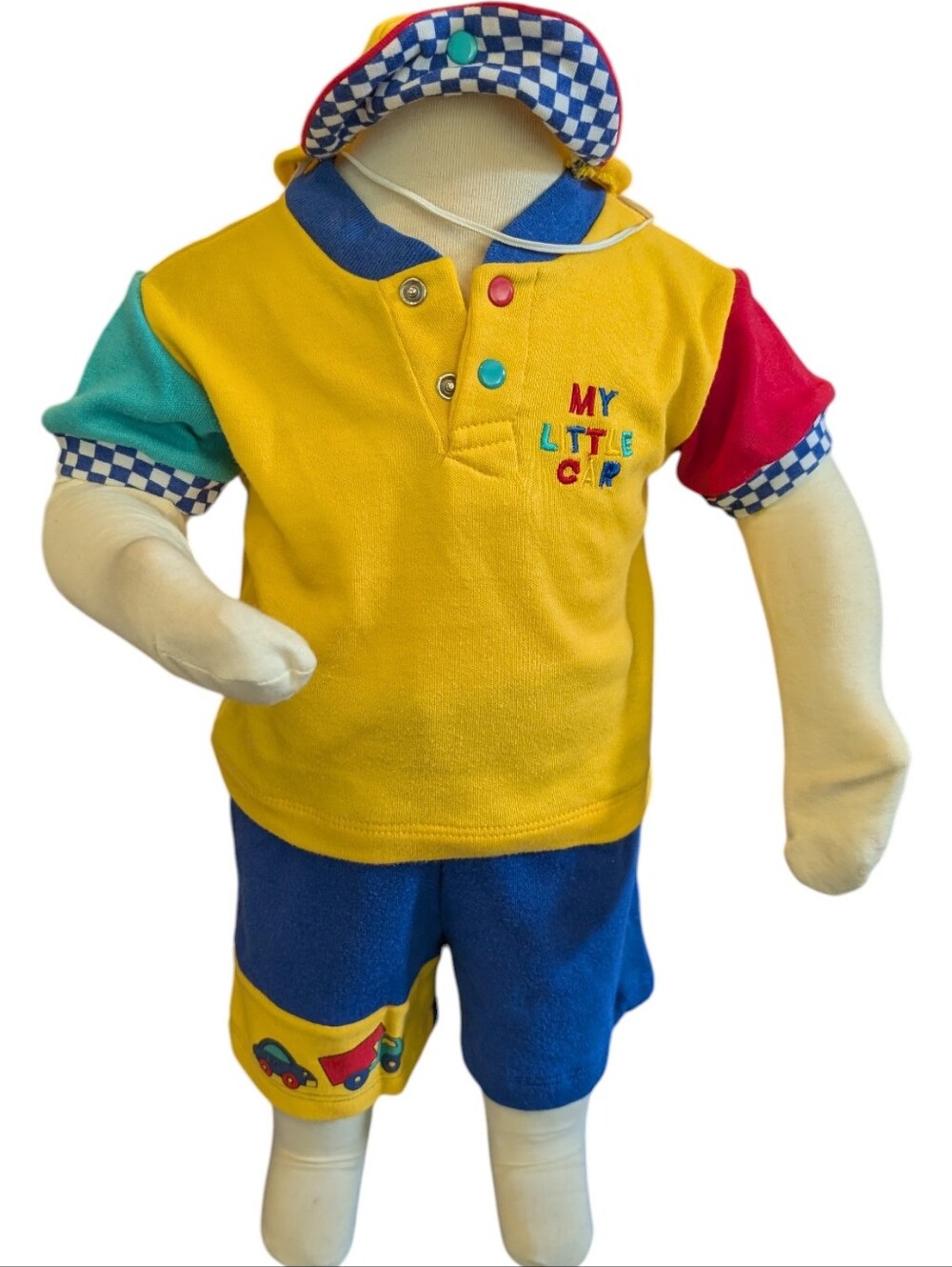 Vintage 90s Just For Me 3pc Outfit Shirt Shorts Matching Hat‎ Car Print 6-9M